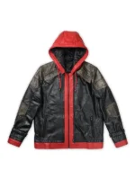 Side profile of the Batman Red Hooded Leather Jacket highlighting the belted cuffs and collar.