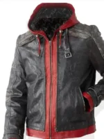 Close-up of the belted collar and red trim on a professional leather superhero jacket.
