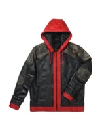 Back view of a black leather jacket featuring the iconic red bat emblem on the center.