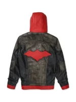 Batman Red Hooded Leather Jacket in black and steel grey with a bold red hood.