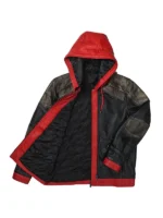 Front view of a superhero-inspired black leather jacket with red trim and an integrated hood.