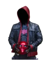Batman Red Hooded Leather Jacket in black and steel grey with a bold red hood.