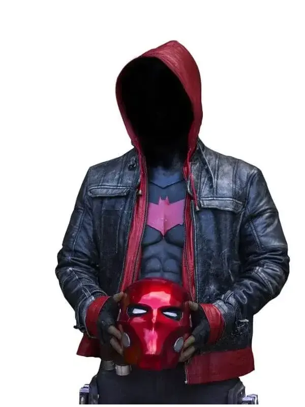 Batman Red Hooded Leather Jacket in black and steel grey with a bold red hood.