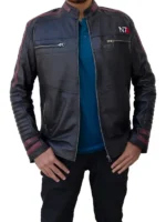 Mass Effect N7 Leather Jacket for men featuring signature red and white arm stripes.