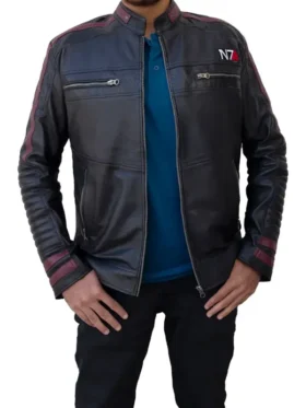 Mass Effect N7 Leather Jacket for men featuring signature red and white arm stripes.