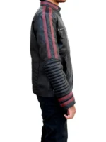 Men's Mass Effect N7 leather jacket in dark finish with red stripes and hand-stitched chest logo.