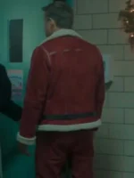 Festive red suede Christmas jacket as seen in the movie Spirited starring Ryan Reynolds.
