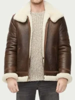 Brown B-3 Shearling Leather Bomber Jacket with White Collar
