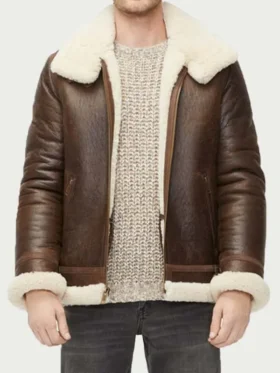 Brown B-3 Shearling Leather Bomber Jacket with White Collar