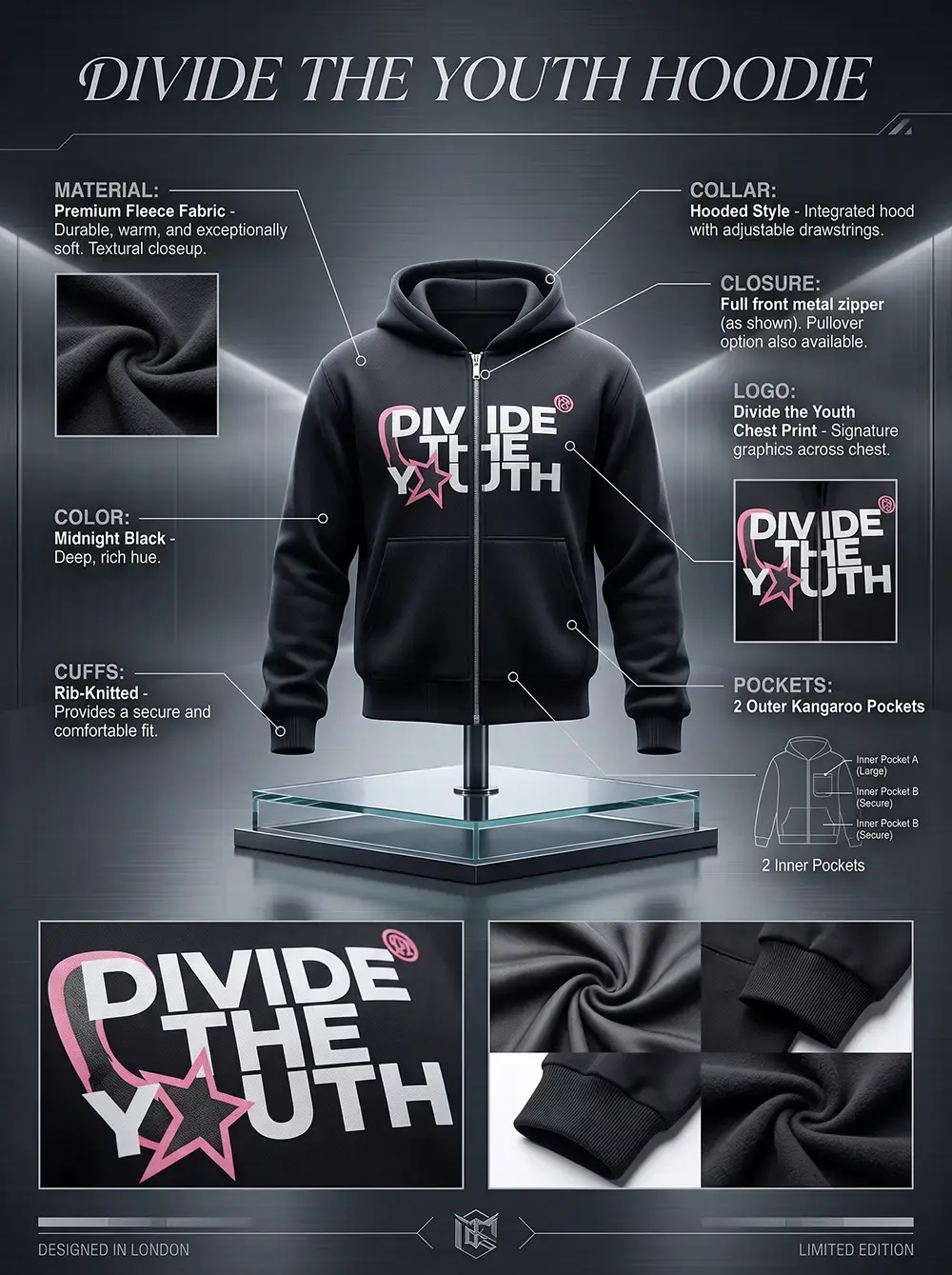 An infographic highlighting the detailed design features, material quality, and pocket layout of the midnight black Divide The Youth zip-up hoodie.
