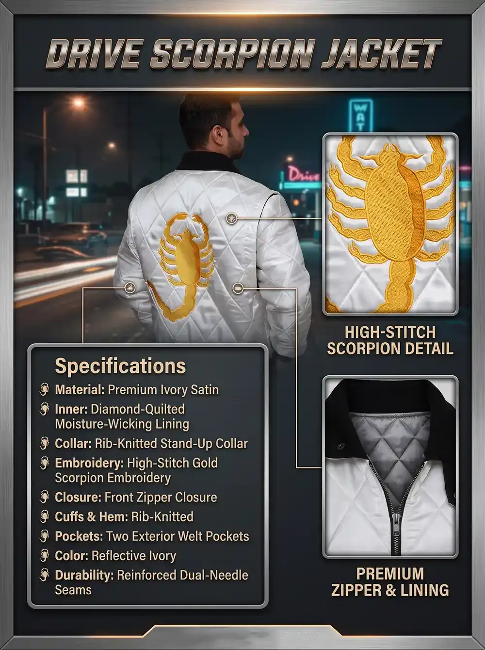 The Drive Scorpion Jacket, showcasing a man wearing the ivory satin quilted jacket with a large golden embroidered scorpion on the back alongside detailed feature close-ups.