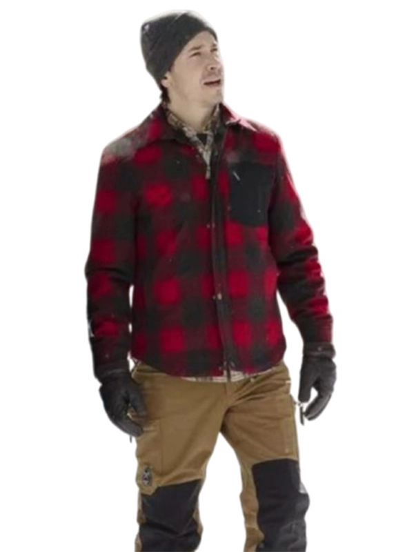 Justin Long wearing a red and black check jacket from TV Jackets