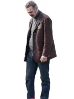 Liam Neeson wearing Thug brown leather jacket stylish look