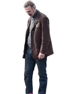 Liam Neeson wearing Thug brown leather jacket stylish look
