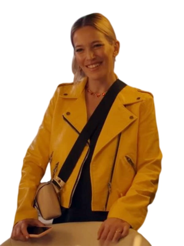 Lopilato Yellow Leather Jacket front view with black outfit