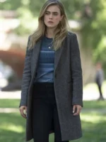 Michaela stone coat styled in a classic grey look from the TV show scene, giving an elegant and timeless fashion vibe