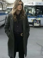 Michaela stone wool coat captured in a formal moment, featuring a soft grey texture with professional detailing