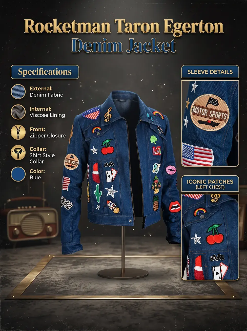 the Rocketman Taron Egerton Denim Jacket, showing a blue jean jacket adorned with colorful pop-art patches on a display stand alongside detailed feature panels.