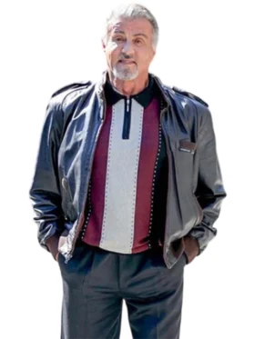 Sylvester Stallone wearing black leather jacket casual style