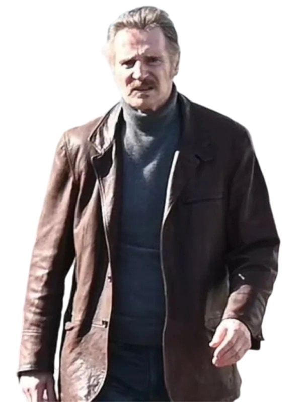 Thug Liam Neeson Leather Jacket front view brown outfit