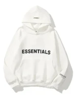 Front view of white Fear of God Essentials hoodie featuring hooded collar, long sleeves, rib cuffs, and kangaroo pocket in a clean look.