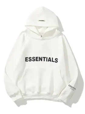 Front view of white Fear of God Essentials hoodie featuring hooded collar, long sleeves, rib cuffs, and kangaroo pocket in a clean look.