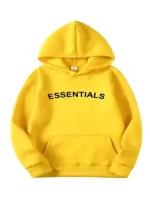 Yellow Fear of God Essentials hoodie showing a bright streetwear color option with hooded collar, rib cuffs, and kangaroo pocket.