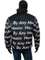 Goku Drip Jacket black parachute puffer back view on mannequin with jeans white By Any Means Necessary all-over print full back coverage