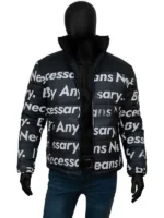 Goku Drip Jacket black parachute puffer front open zip view on mannequin with jeans white By Any Means Necessary all-over print viscose lining visible