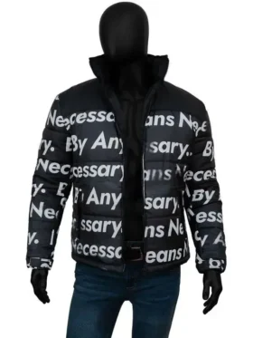 Goku Drip Jacket black parachute puffer front open zip view on mannequin with jeans white By Any Means Necessary all-over print viscose lining visible