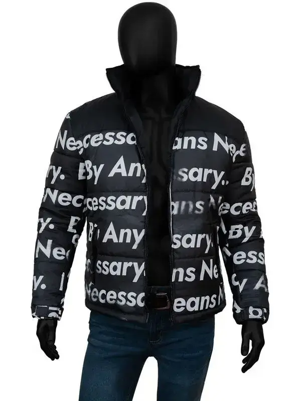Goku Drip Jacket black parachute puffer front open zip view on mannequin with jeans white By Any Means Necessary all-over print viscose lining visible