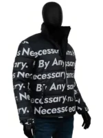 Goku Drip Jacket black parachute puffer side view on mannequin with jeans white By Any Means Necessary all-over print quilted construction detail
