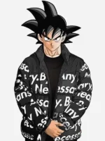 Dragon Ball Z Son Goku anime art illustration wearing black By Any Means Necessary puffer drip jacket with white all-over print