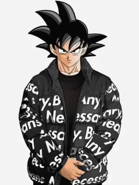Dragon Ball Z Son Goku anime art illustration wearing black By Any Means Necessary puffer drip jacket with white all-over print