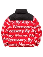 Goku Drip Jacket red parachute puffer back view showing full white By Any Means Necessary all-over print and black upper back collar panel