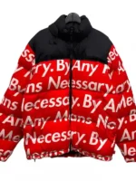 Goku Drip Jacket red parachute fabric puffer clean front view white By Any Means Necessary all-over print black stand-up collar on hanger