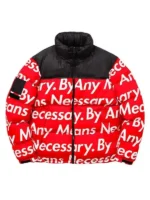 Goku Drip Jacket red parachute puffer front clean white background white By Any Means Necessary all-over print black stand-up collar closed zip