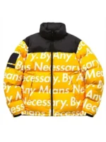 Goku Drip Jacket yellow parachute fabric puffer front view white By Any Means Necessary all-over print black stand-up collar clean product shot