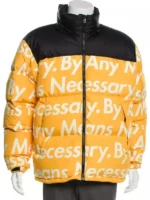 Goku Drip Jacket yellow puffer on mannequin front view white By Any Means Necessary all-over print black collar stand-up YKK zipper closure