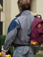 Marty McFly two-tone denim jacket back view showing contrast shoulder panel in Back to the Future movie still