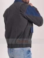 Marty McFly two-tone denim jacket back view showing contrast shoulder panel on model at TVJackets