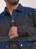 Marty McFly two-tone denim jacket close-up collar and button closure detail at TVJackets