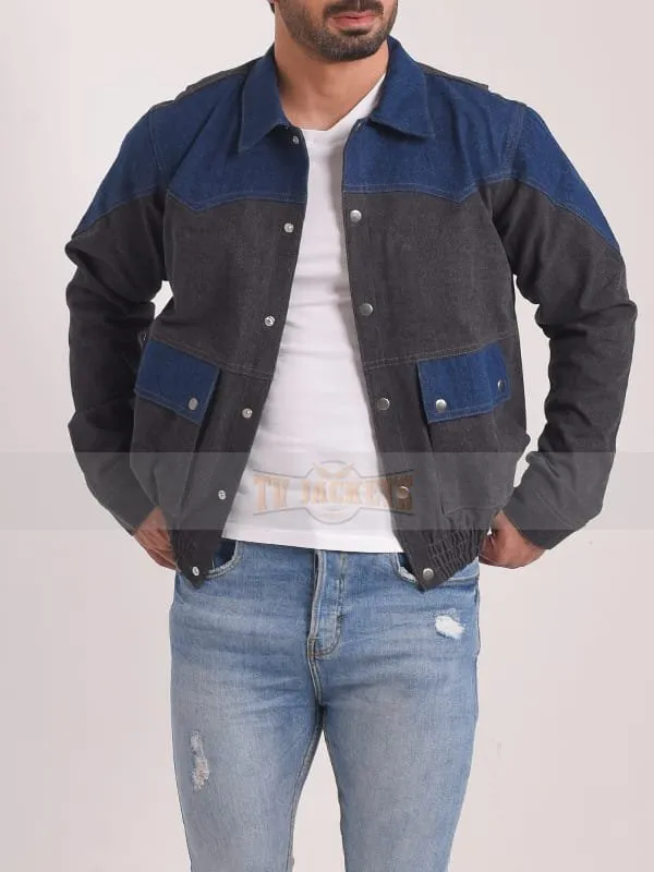 Marty McFly two-tone denim jacket front view with pockets and collar on model at TV Jackets