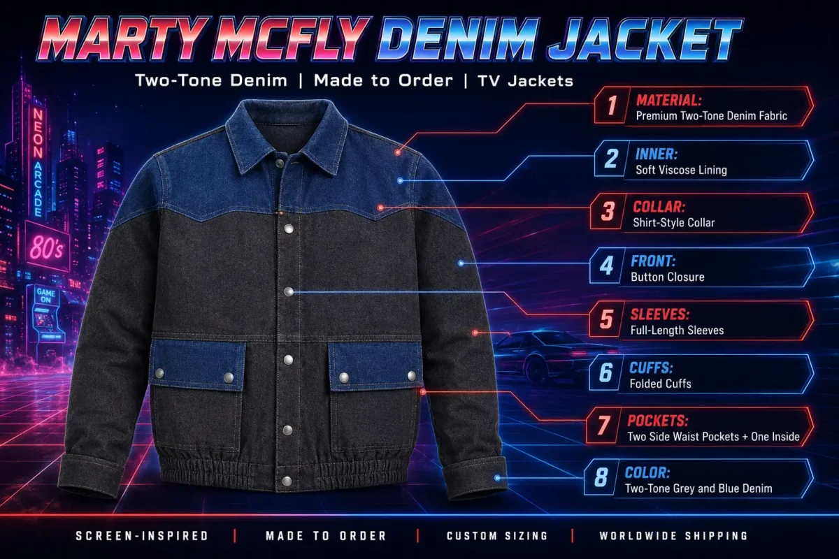 Marty McFly denim jacket spec infographic: two-tone denim, shirt collar, button closure, folded cuffs, made to order TV Jackets