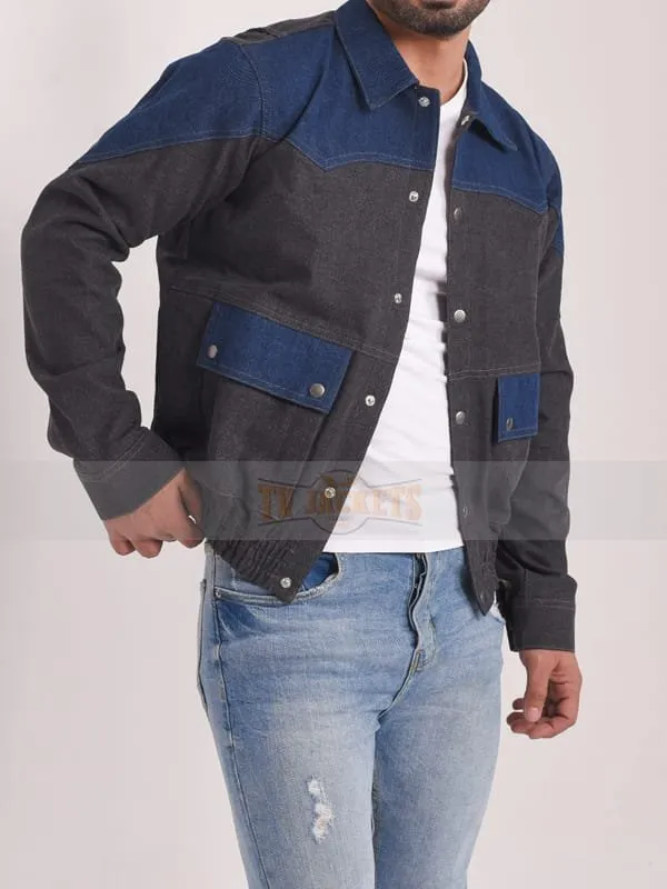 Marty McFly two-tone denim jacket three quarter front view on model at TV Jackets