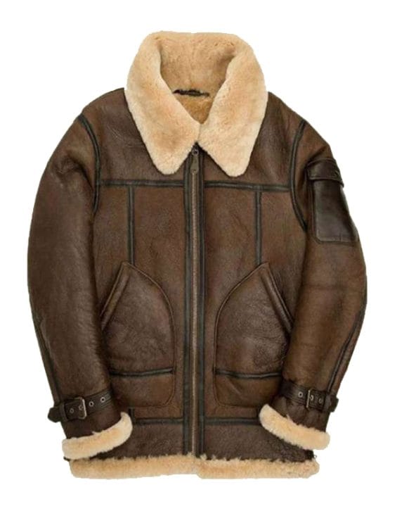 Men B3 Sheepskin Shearling Brown Pocket Jacket