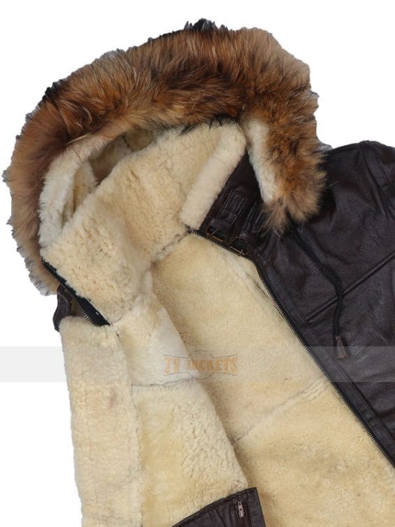 Men Dark Brown B3 Shearling Hooded Racoon Fur Jacket