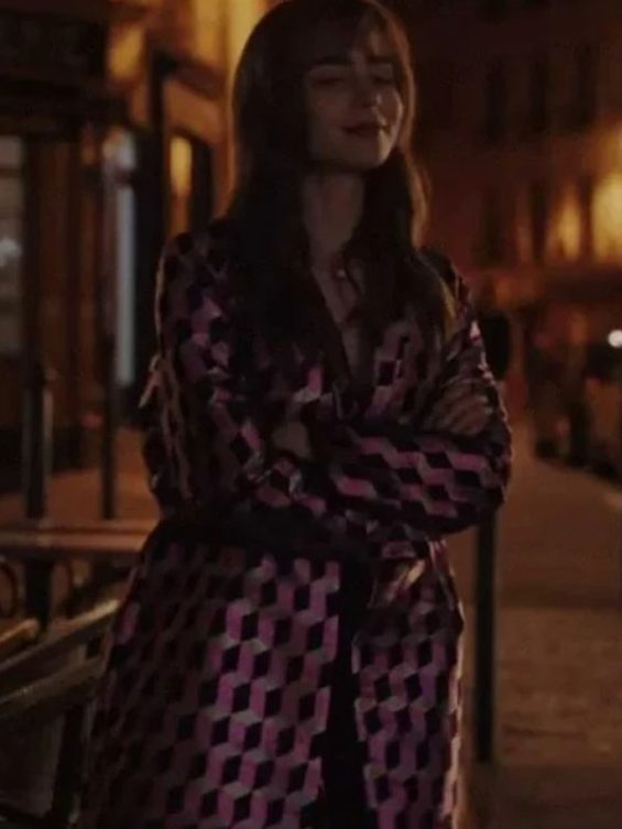 Emily In Paris S03 Lily Collins Pink Printed Coat