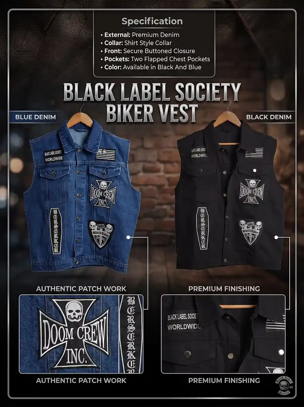 the Black Label Society Biker Vest, displaying both blue and black premium denim options with heavy metal-themed patches, along with specifications like shirt-style collar, buttoned closure, and flapped pockets, plus detailed zoom-ins of the "Doom Crew Inc." cross patch and chest embroidery.