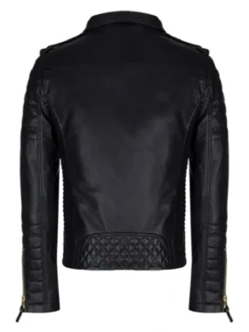 Men’s black leather biker jacket with classic zipper detailing